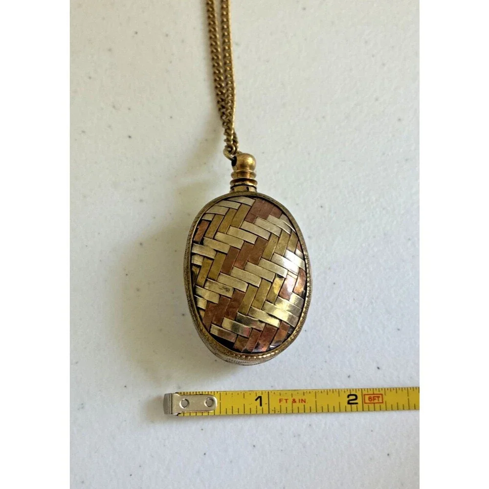 Vintage Perfume Bottle Necklace Pendant Chatelaine Woven Mixed Metal Flask 1.6oz